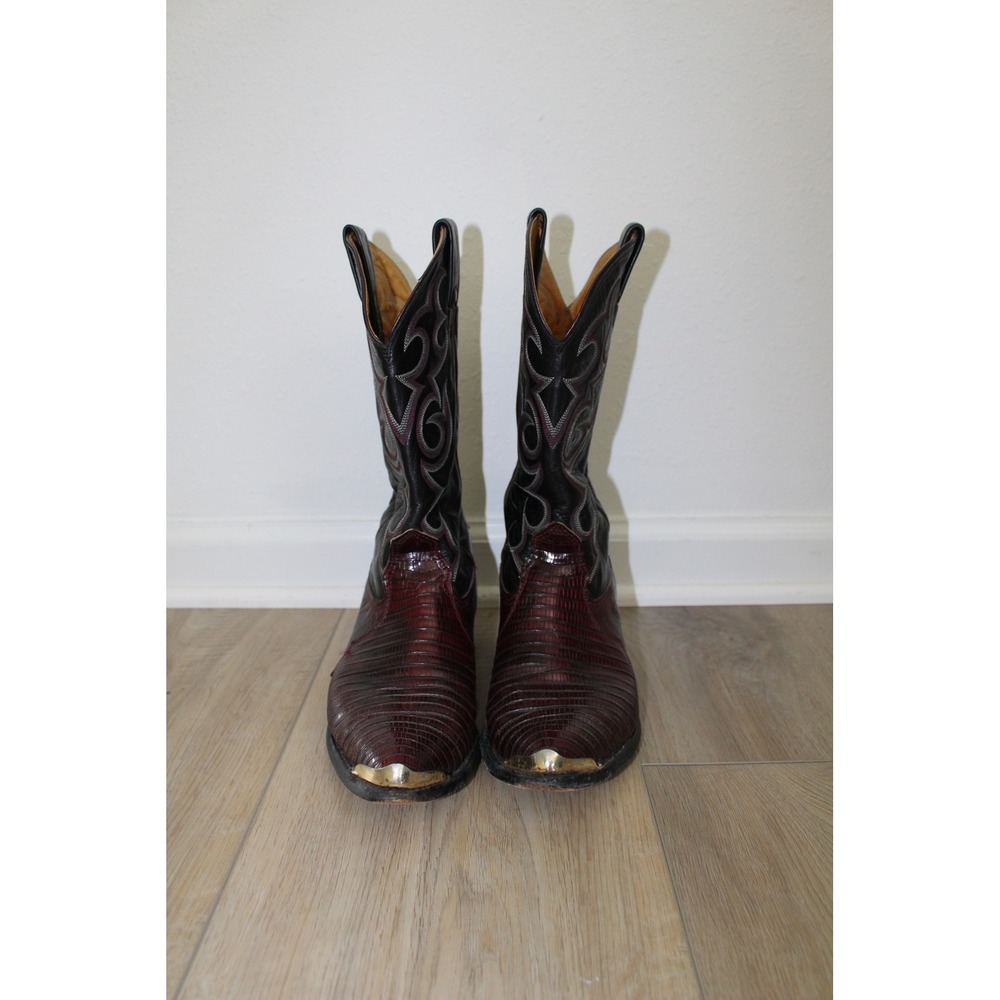 VTG Nocona Lizard Skin Gold Toe Western Cowboy‎ Boots Burgundy Black 8M 9.5W
